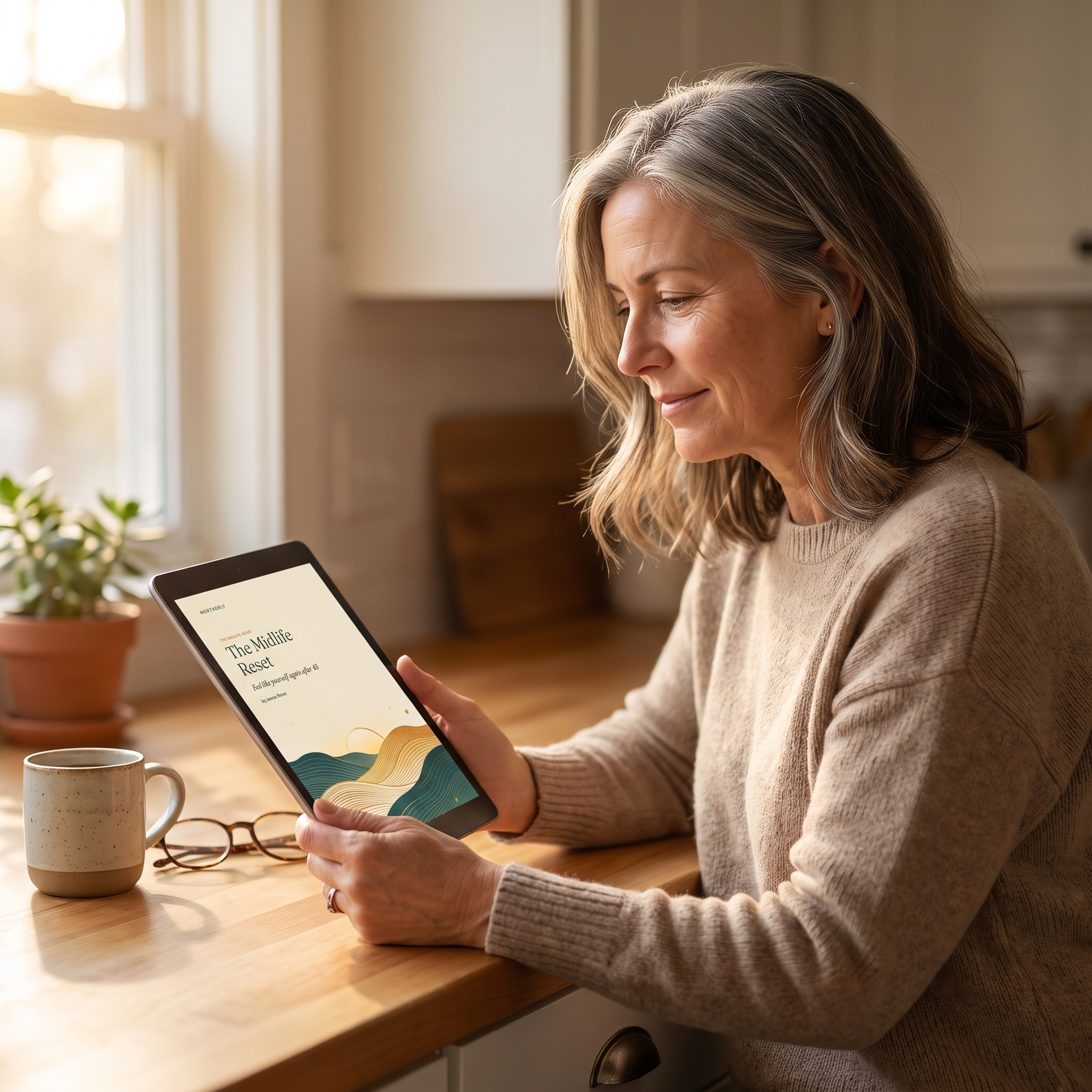 Reading The Midlife Reset on a tablet at the kitchen table