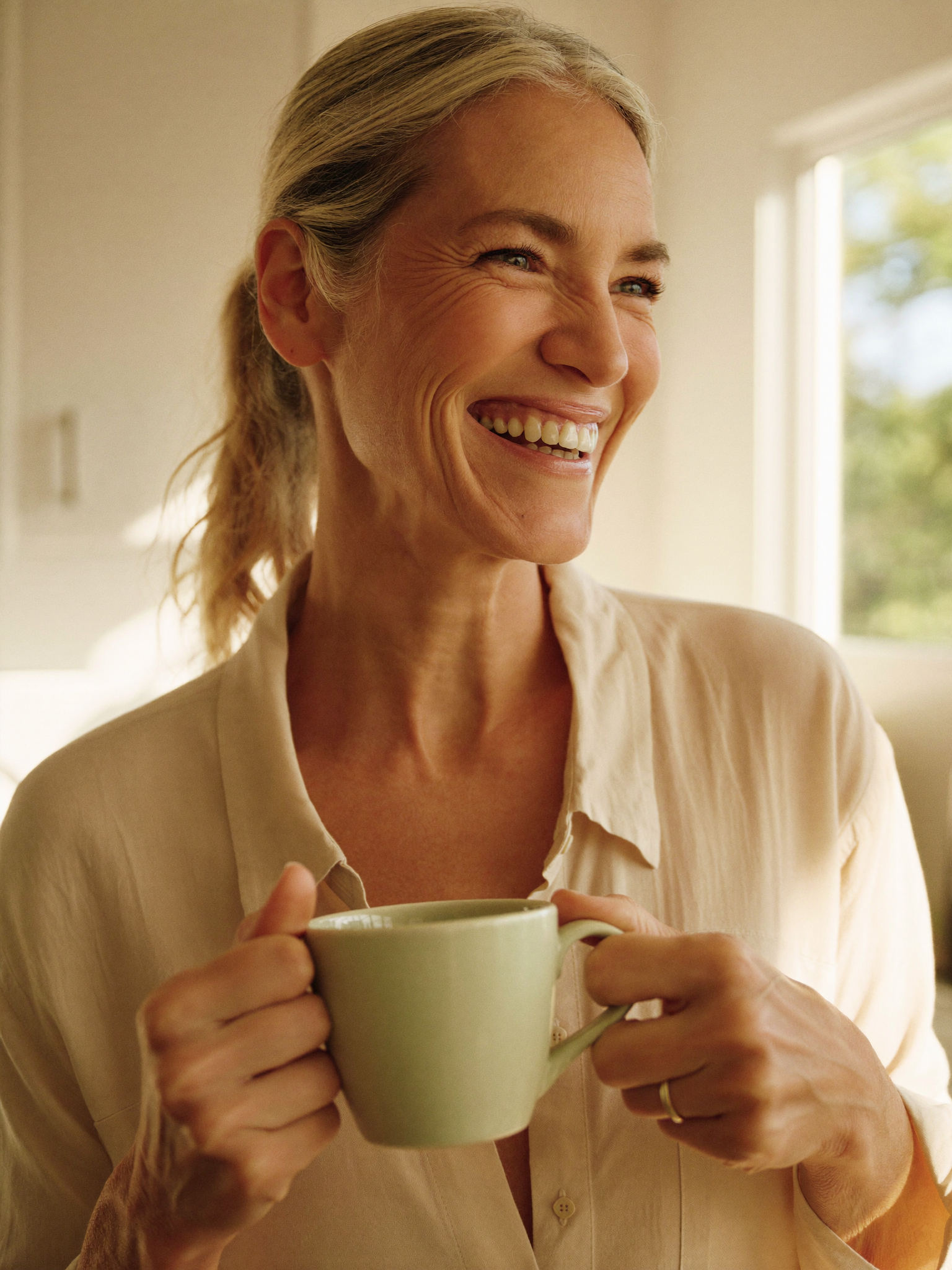 A woman in her fifties laughing in her kitchen with a mug of coffee