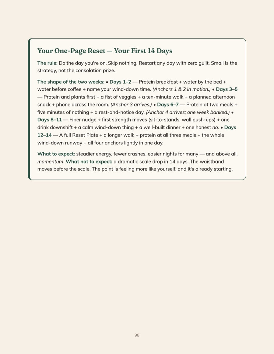 Sample page: Your One-Page Reset, the first 14 days mapped out day by day