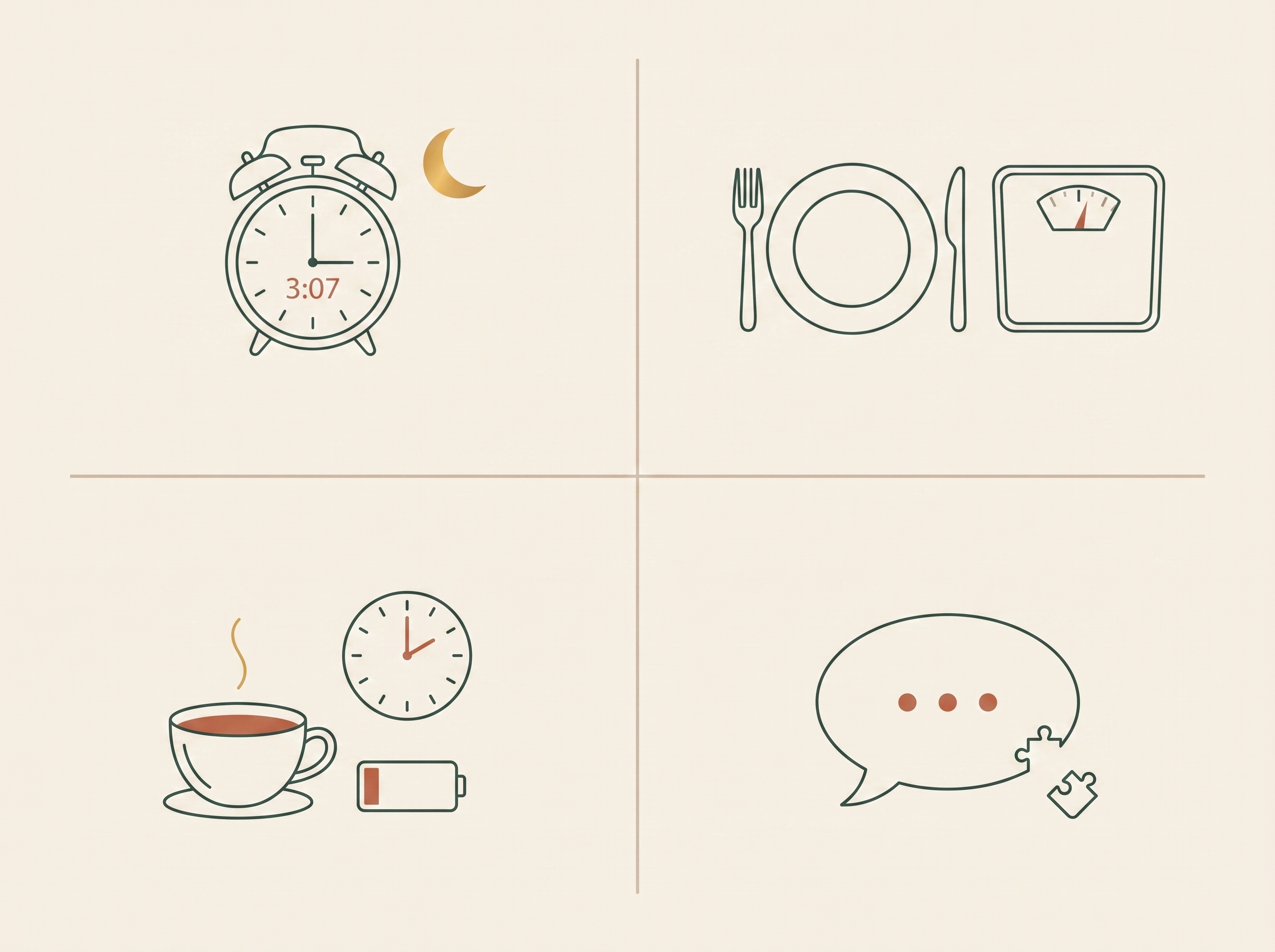 Four midlife moments: the 3:07am wake-up, the plate and scale, the 2pm energy crash, the missing word