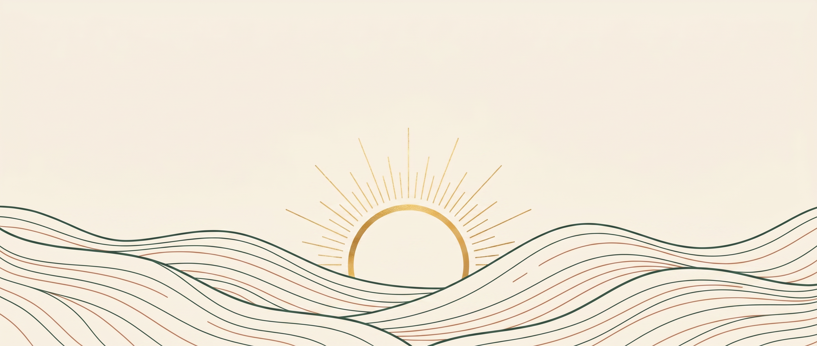 Linework hills at dawn with a gold sun arc
