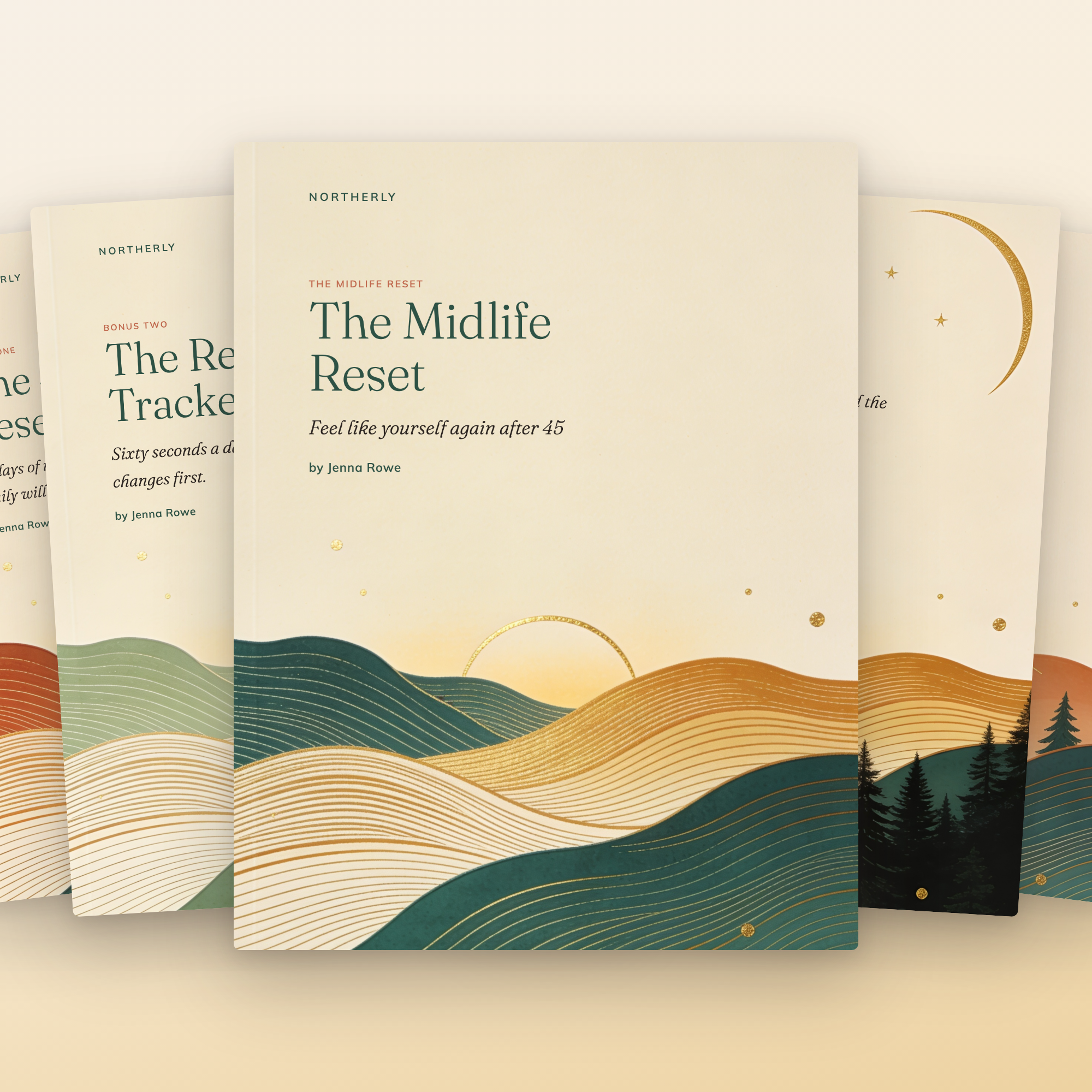 The Midlife Reset complete bundle — the guide, meal plan, tracker, and playbook covers together