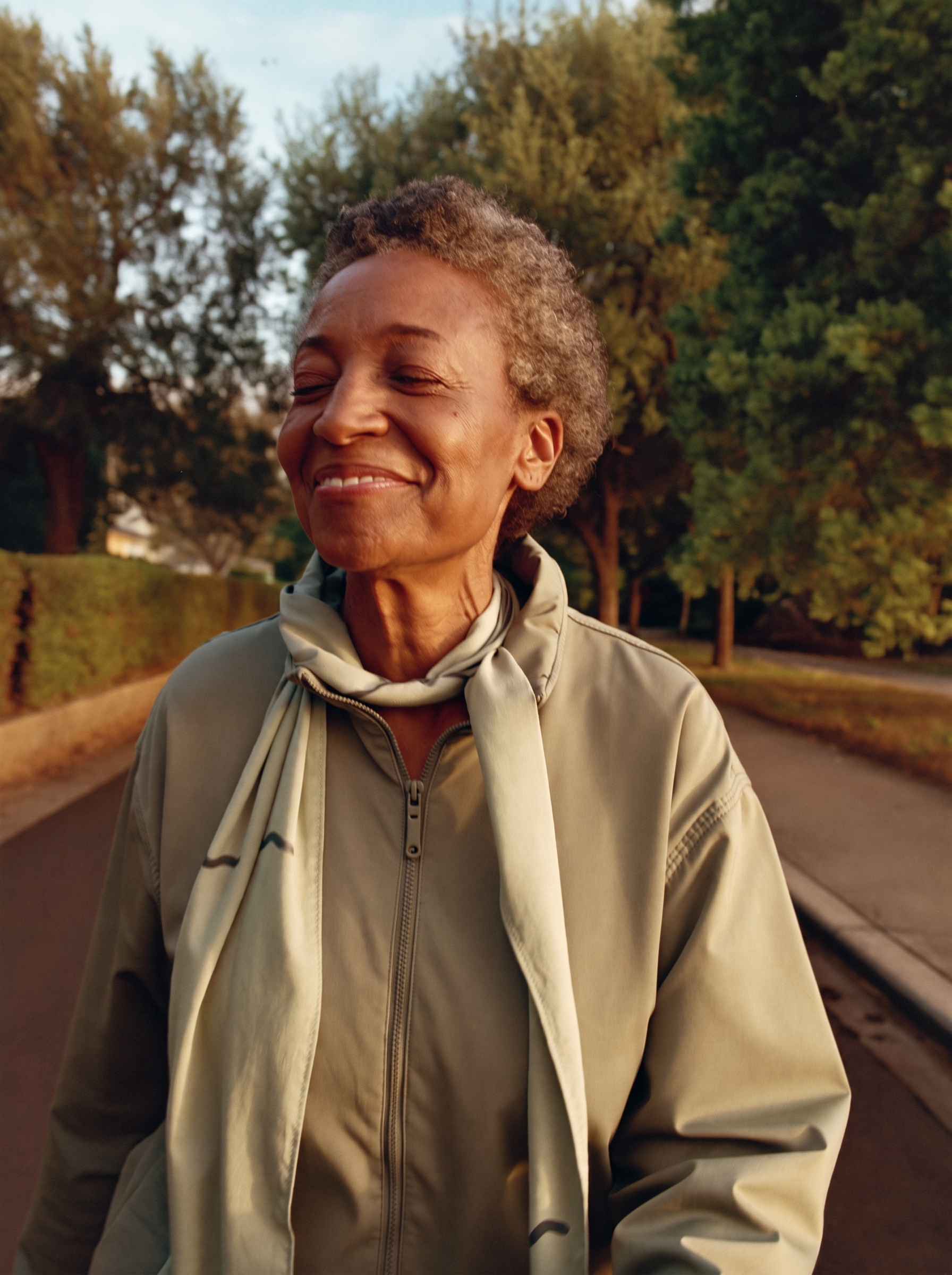 A woman walking at sunrise, smiling